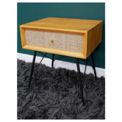 Boho Solid Light Rubber Wood And Rattan Cane 1 Drawer Bedside Cabinet Side Table With Black Metal Legs