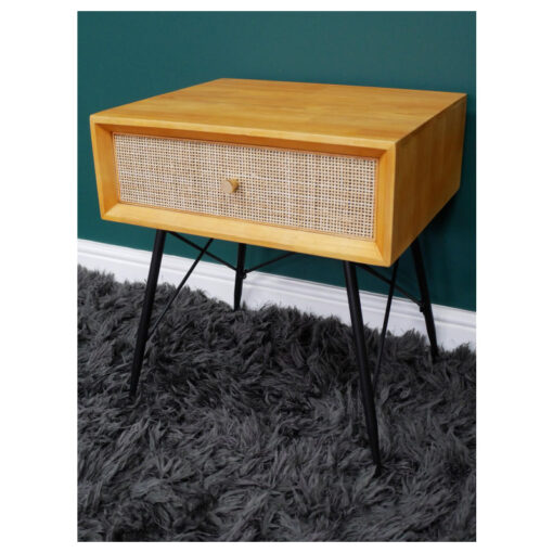 Boho Solid Light Rubber Wood And Rattan Cane 1 Drawer Bedside Cabinet Side Table With Black Metal Legs
