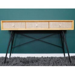 Boho Solid Light Rubber Wood And Rattan Cane 3 Drawer Console Table Desk Dressing Table With Black Metal Legs 120cm
