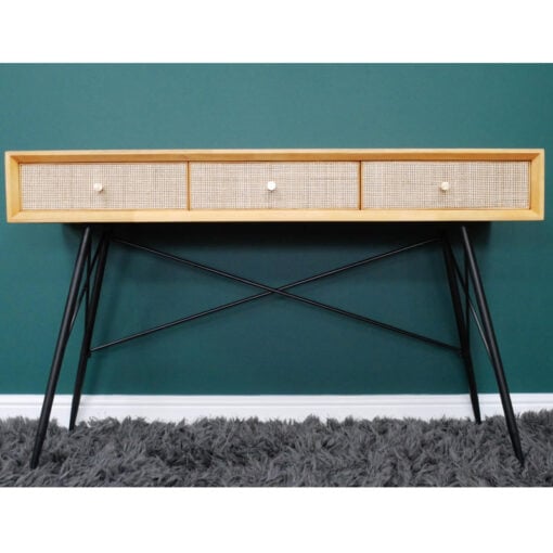 Boho Solid Light Rubber Wood And Rattan Cane 3 Drawer Console Table Desk Dressing Table With Black Metal Legs 120cm