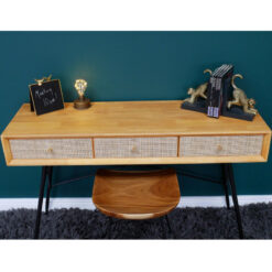 Boho Solid Light Rubber Wood And Rattan Cane 3 Drawer Console Table Desk Dressing Table With Black Metal Legs 120cm