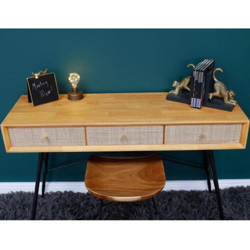 Boho Solid Light Rubber Wood And Rattan Cane 3 Drawer Console Table Desk Dressing Table With Black Metal Legs 120cm