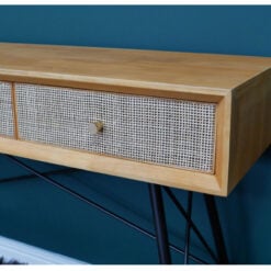 Boho Solid Light Rubber Wood And Rattan Cane 3 Drawer Console Table Desk Dressing Table With Black Metal Legs 120cm