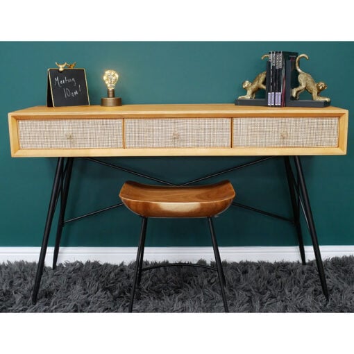 Boho Solid Light Rubber Wood And Rattan Cane 3 Drawer Console Table Desk Dressing Table With Black Metal Legs 120cm