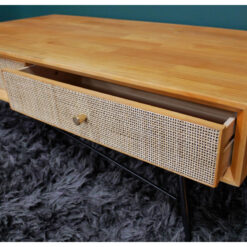 Boho Solid Light Rubber Wood And Rattan Cane 4 Drawer Large Coffee Table With Black Metal Legs 120cm