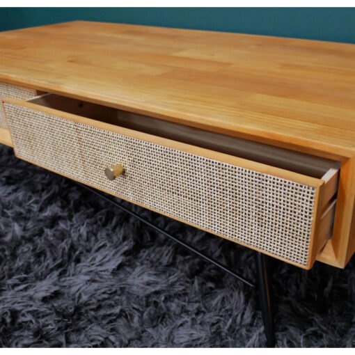 Boho Solid Light Rubber Wood And Rattan Cane 4 Drawer Large Coffee Table With Black Metal Legs 120cm