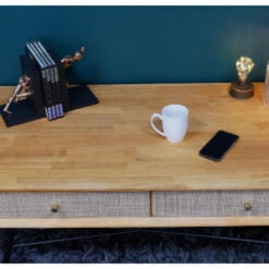 Boho Solid Light Rubber Wood And Rattan Cane 4 Drawer Large Coffee Table With Black Metal Legs 120cm