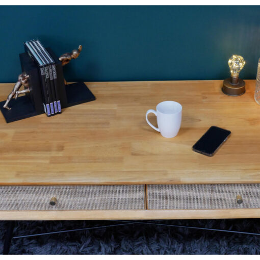 Boho Solid Light Rubber Wood And Rattan Cane 4 Drawer Large Coffee Table With Black Metal Legs 120cm