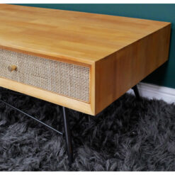 Boho Solid Light Rubber Wood And Rattan Cane 4 Drawer Large Coffee Table With Black Metal Legs 120cm