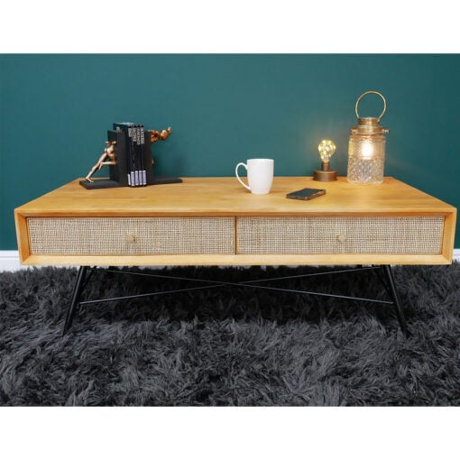 Boho Solid Light Rubber Wood And Rattan Cane 4 Drawer Large Coffee Table With Black Metal Legs 120cm