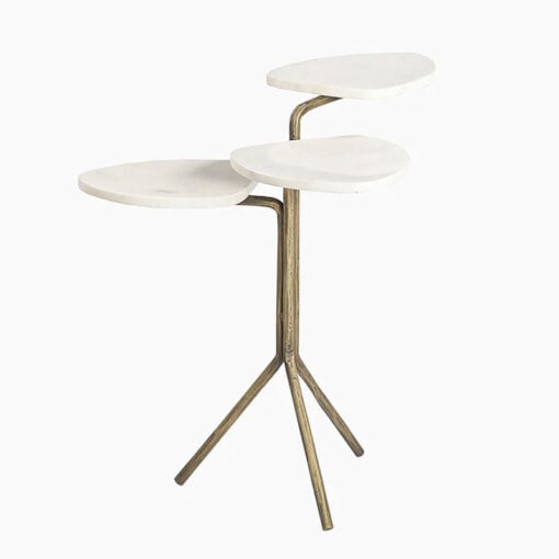 Boho Three Top Antique Gold Metal And White Marble Side Table