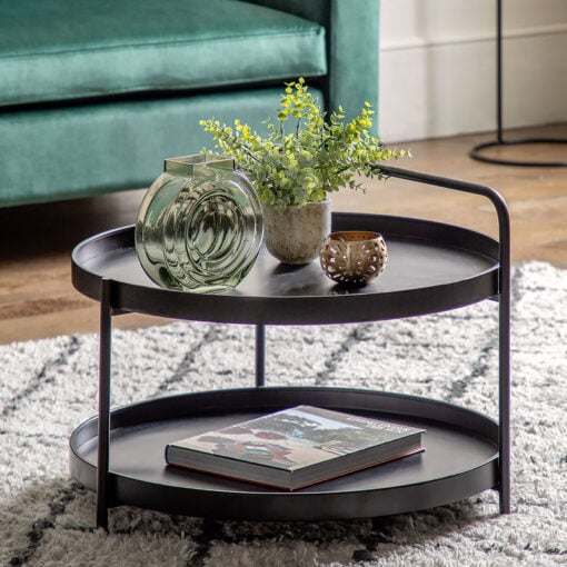 Industrial 2 Tier Black Metal Round Coffee Table With A Handle 65cm