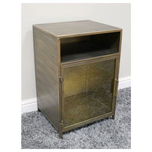 Industrial Antique Gold And Glass 1 Door 1 Shelf Bedside Cabinet Side Table