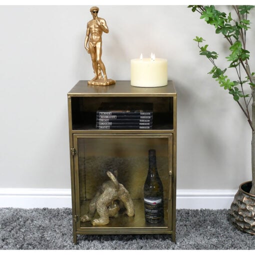 Industrial Antique Gold And Glass 1 Door 1 Shelf Bedside Cabinet Side Table