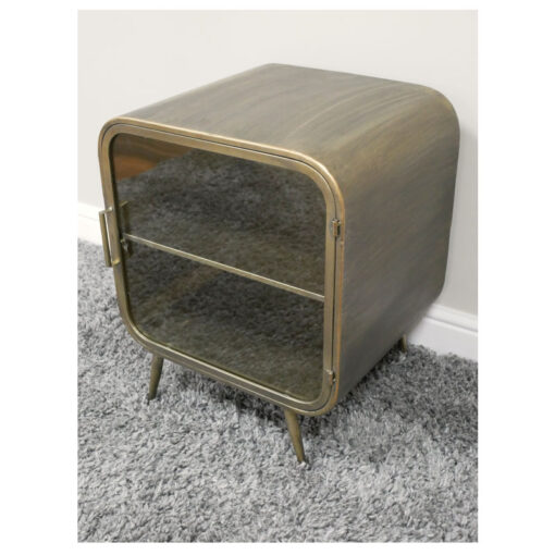 Industrial Antique Gold And Glass 1 Door Round Corners Bedside Cabinet Side Table