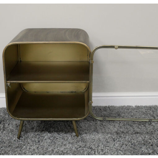 Industrial Antique Gold And Glass 1 Door Round Corners Bedside Cabinet Side Table