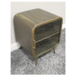 Industrial Antique Gold And Glass 1 Door Round Corners Bedside Cabinet Side Table