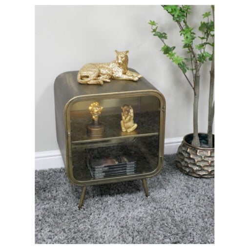 Industrial Antique Gold And Glass 1 Door Round Corners Bedside Cabinet Side Table