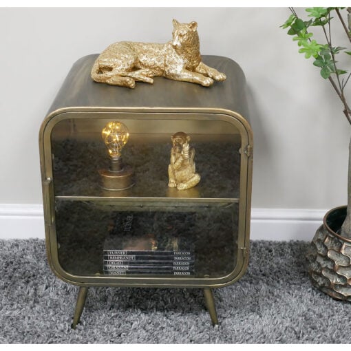 Industrial Antique Gold And Glass 1 Door Round Corners Bedside Cabinet Side Table