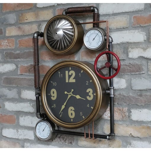 Industrial Antique Gold And Silver Metal Large Pipe Wall Clock 71cm