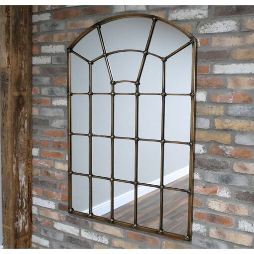 Industrial Antique Gold Large Arched Window Panelled Wall Mirror 132cm