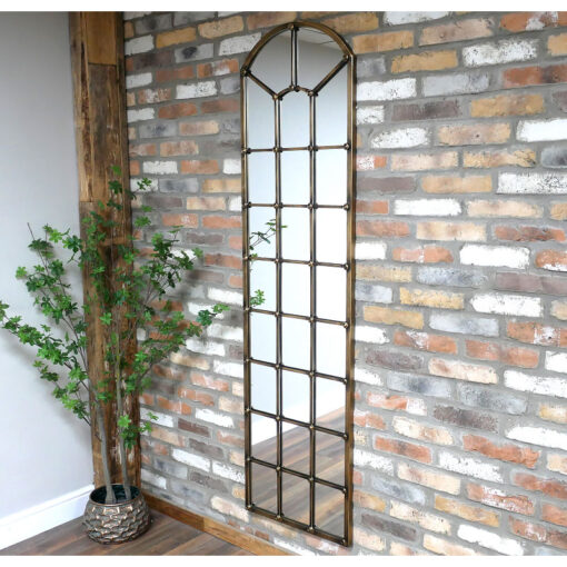 Industrial Antique Gold Tall Arched Window Panelled Wall Mirror 190cm