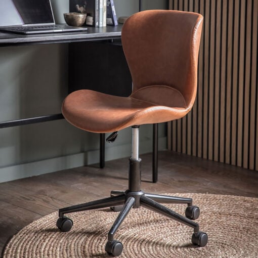 Industrial Armless Brown PU Faux Leather And Black Metal Office Desk Chair