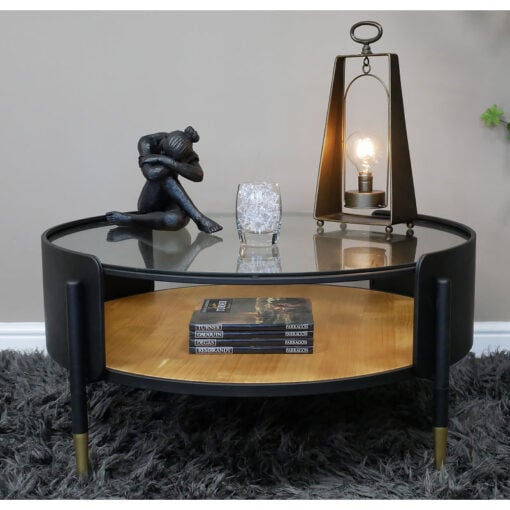 Industrial Black And Gold Metal 2 Tier Open Coffee Table With Glass Top 80cm