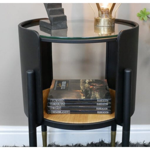 Industrial Black And Gold Metal 2 Tier Open Side Table With Glass Top