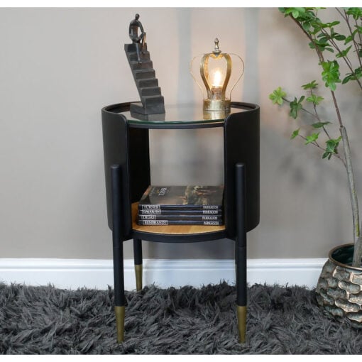 Industrial Black And Gold Metal 2 Tier Open Side Table With Glass Top