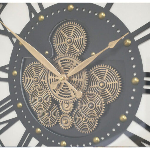 Industrial Black And Gold Wall Clock With Visible Moving Gears 54cm