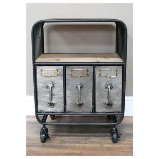 Industrial Black And Silver Metal 3 Drawer 1 Shelf Bedside Cabinet Side Table With Wheels