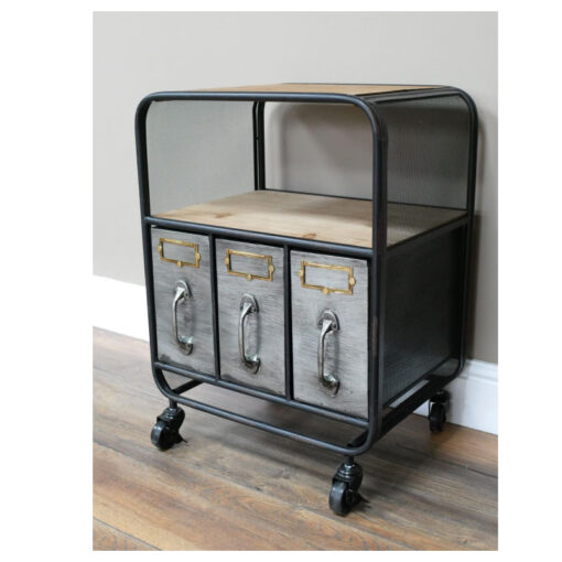 Industrial Black And Silver Metal 3 Drawer 1 Shelf Bedside Cabinet Side Table With Wheels