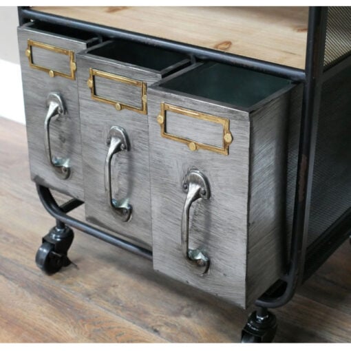 Industrial Black And Silver Metal 3 Drawer 1 Shelf Bedside Cabinet Side Table With Wheels