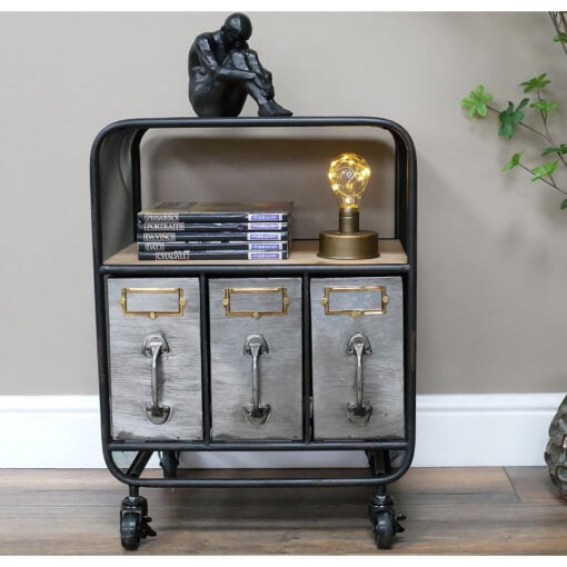 Industrial Black And Silver Metal 3 Drawer 1 Shelf Bedside Cabinet Side Table With Wheels