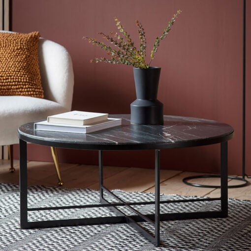 Industrial Black Marble And Matt Black Metal Round Coffee Table 90cm