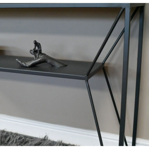 Industrial Black Metal 2 Tier Console Table Desk With Black Solid Wood Top