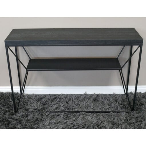 Industrial Black Metal 2 Tier Console Table Desk With Black Solid Wood Top