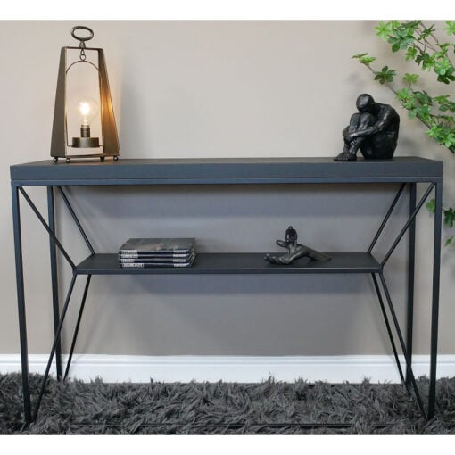 Industrial Black Metal 2 Tier Console Table Desk With Black Solid Wood Top