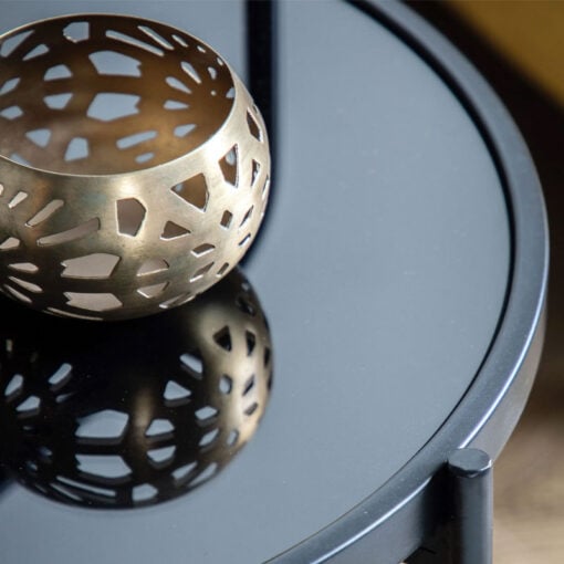 Industrial Black Metal And Black Glass Round Side Table With A Handle