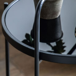Industrial Black Metal And Black Glass Round Side Table With A Handle