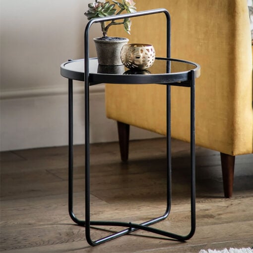 Industrial Black Metal And Black Glass Round Side Table With A Handle