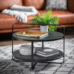 Industrial Black Metal And Black Wood 2 Tier Round Coffee Table 65cm