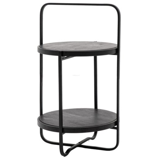 Industrial Black Metal And Black Wood 2 Tier Round Side Table End Table