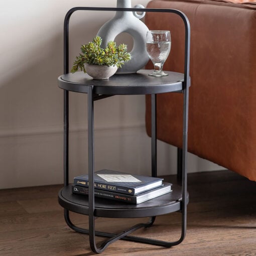 Industrial Black Metal And Black Wood 2 Tier Round Side Table End Table
