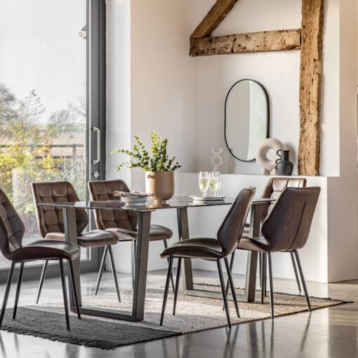 Industrial Black Metal And Marble Effect Black Glass 6 Seater Dining Table 160cm