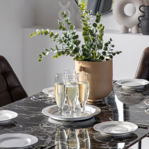 Industrial Black Metal And Marble Effect Black Glass 6 Seater Dining Table 160cm