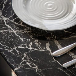 Industrial Black Metal And Marble Effect Black Glass 6 Seater Dining Table 160cm