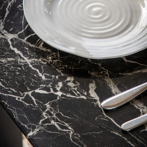 Industrial Black Metal And Marble Effect Black Glass 6 Seater Dining Table 160cm