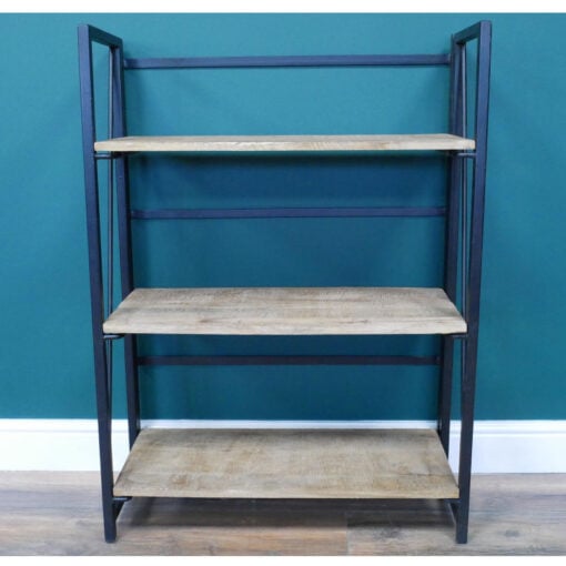 Industrial Black Metal And Solid Mango Wood 3 Tier Small Open Shelving Unit 98cm